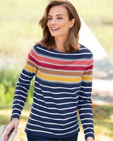 Multi-Color Stripe Bateau-Neck Long-Sleeve Cotton Tee thumbnail number 1