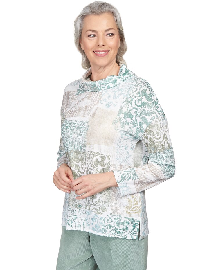 Alfred Dunner® St.Moritz Shimmer Medallion Patchwork Cowl Neck Top image number 3
