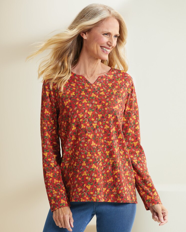 Essential Cotton Lovely Leaves Notch-Neck Tee image number 1