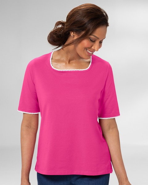 Prima™ Cotton Crochet-Trim Square-Neck Tee