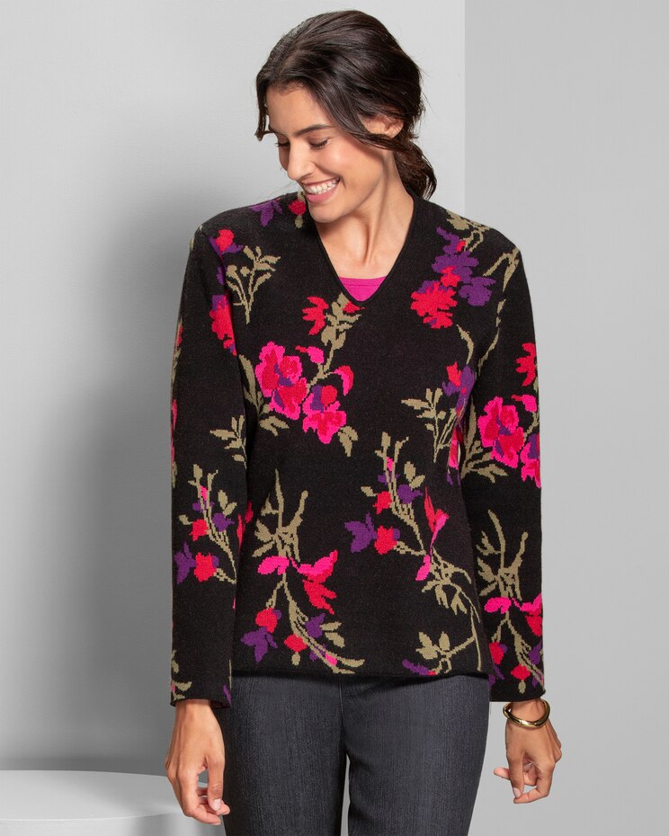 Graphic Floral Narrow V-Neck Sweater image number 1