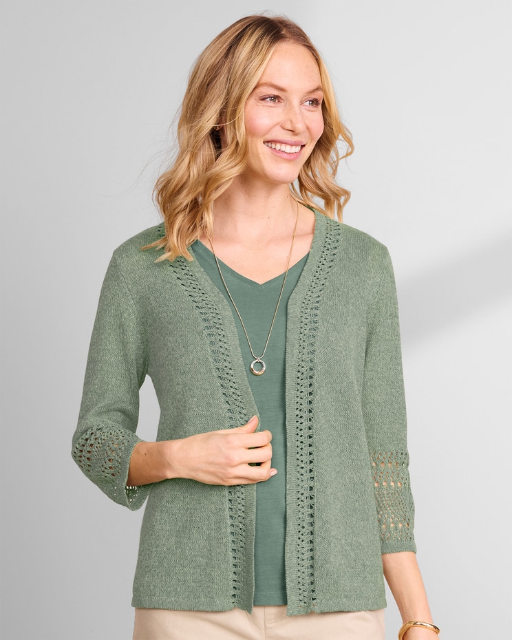 Linen/Cotton Crochet-Trim Cardigan  image number 1