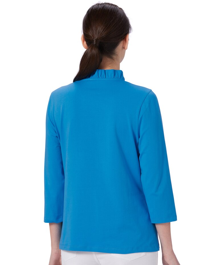 Three-Quarter Sleeve Prima™ Cotton Solid Ruffle-Neck Tee image number 2