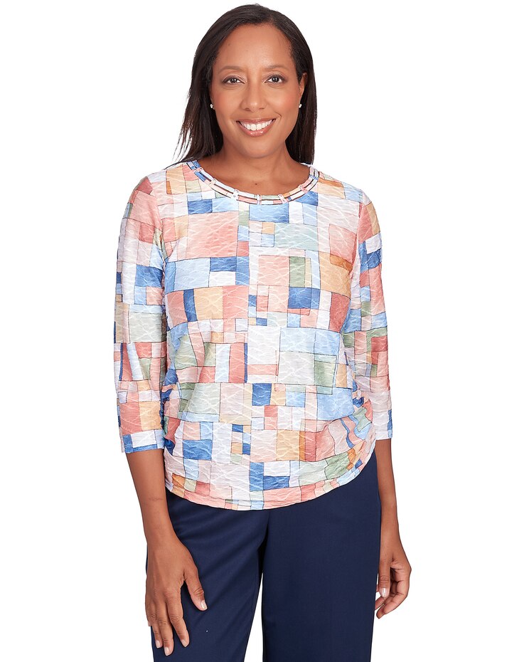 Alfred Dunner® A Fresh Start Boxes Texture Shirttail Hem Top image number 1