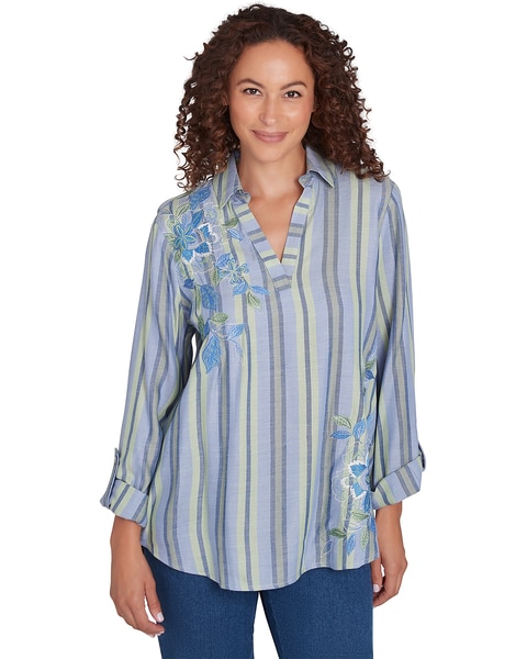 Ruby Rd® Paisley Patch Woven Stripe Embroidered Top