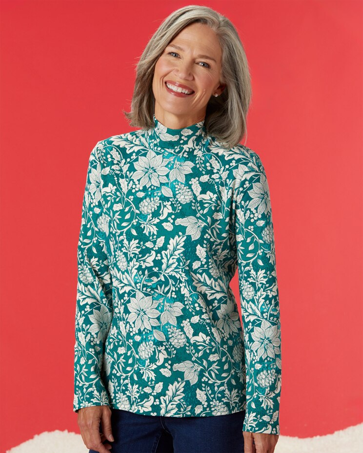 Essential Cotton Poinsettia-Print Mockneck image number 1