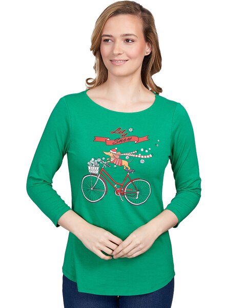 Ruby Rd® Holiday Puppy Bicycle Three-Quarter Sleeve Tee