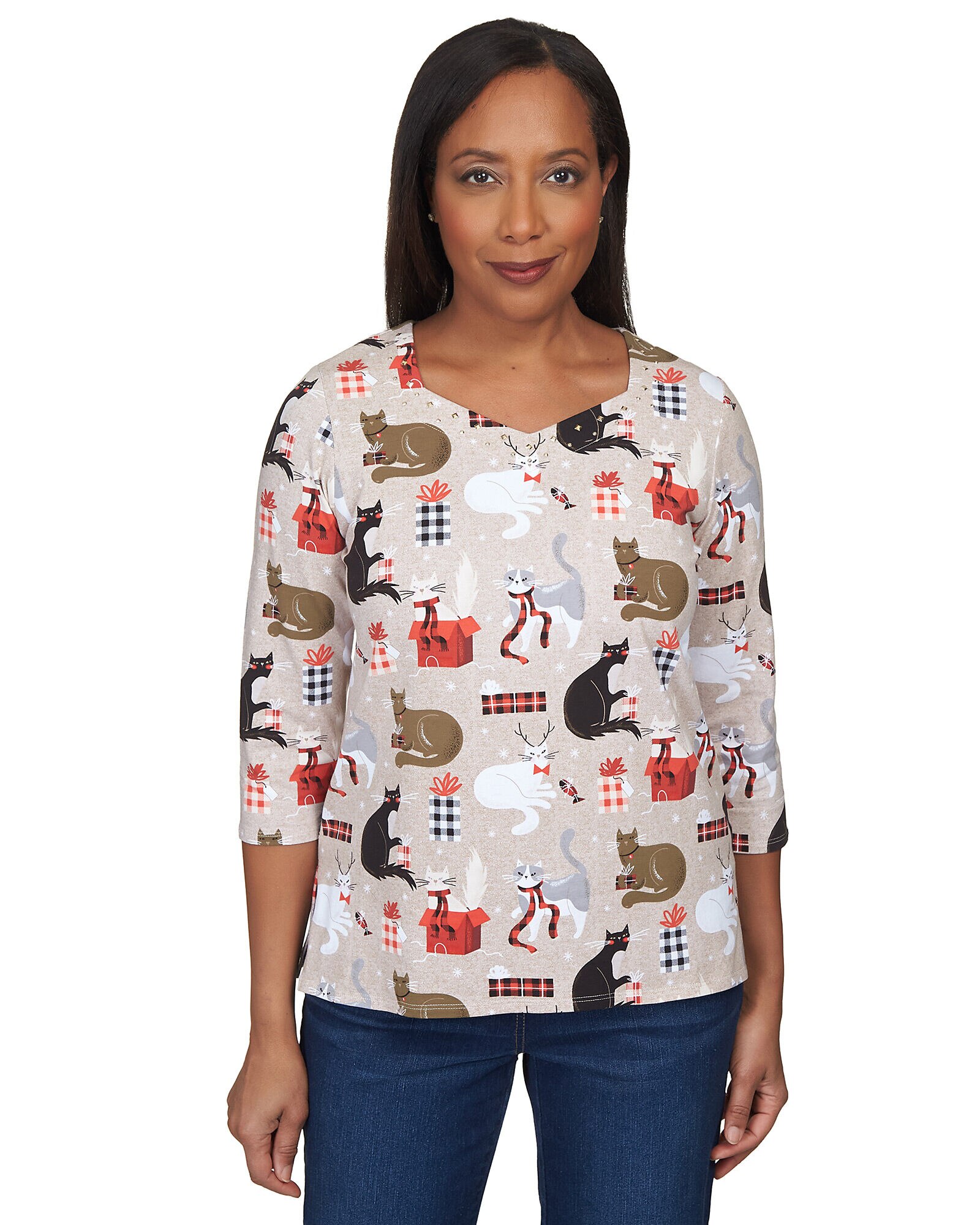 Alfred Dunner Christmas Cats Three Quarter Sleeve Top Appleseeds