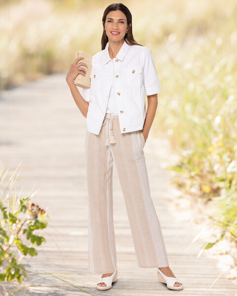 Cotton Sateen Elbow-Sleeve Jacket & Variegated-Stripe Beach Pants