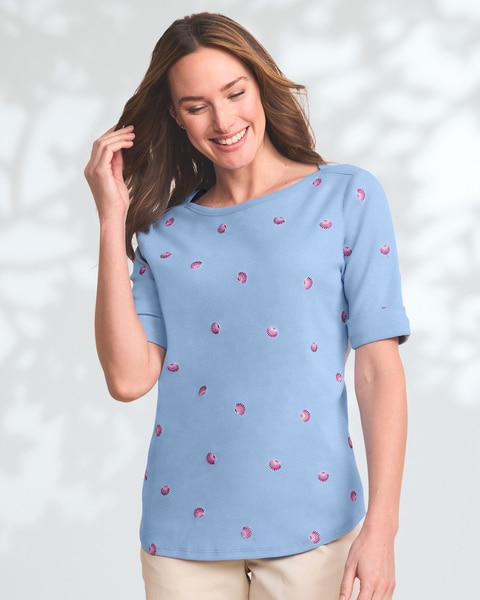 Essential Cotton Embroidered Elbow-Sleeve Tee 