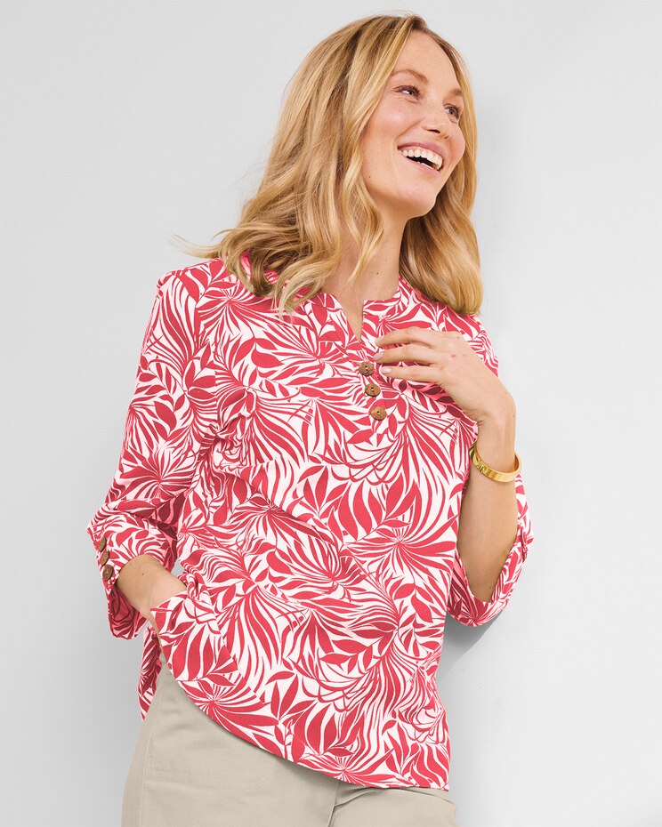 Captiva Y-Neck Stenciled Palms Popover  image number 1