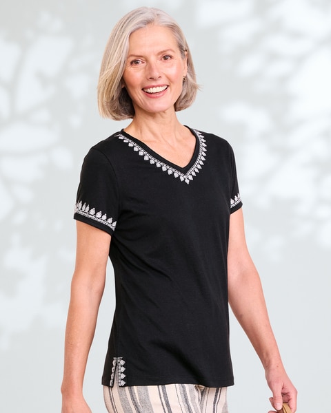 Linen-Blend Embroidered Tee