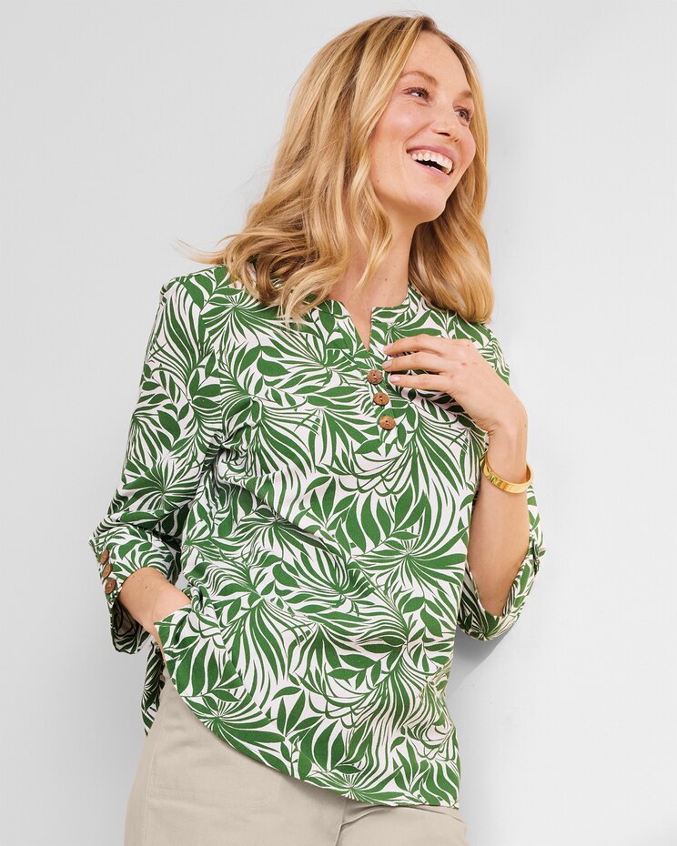 Captiva Y-Neck Stenciled Palms Popover  image number 1