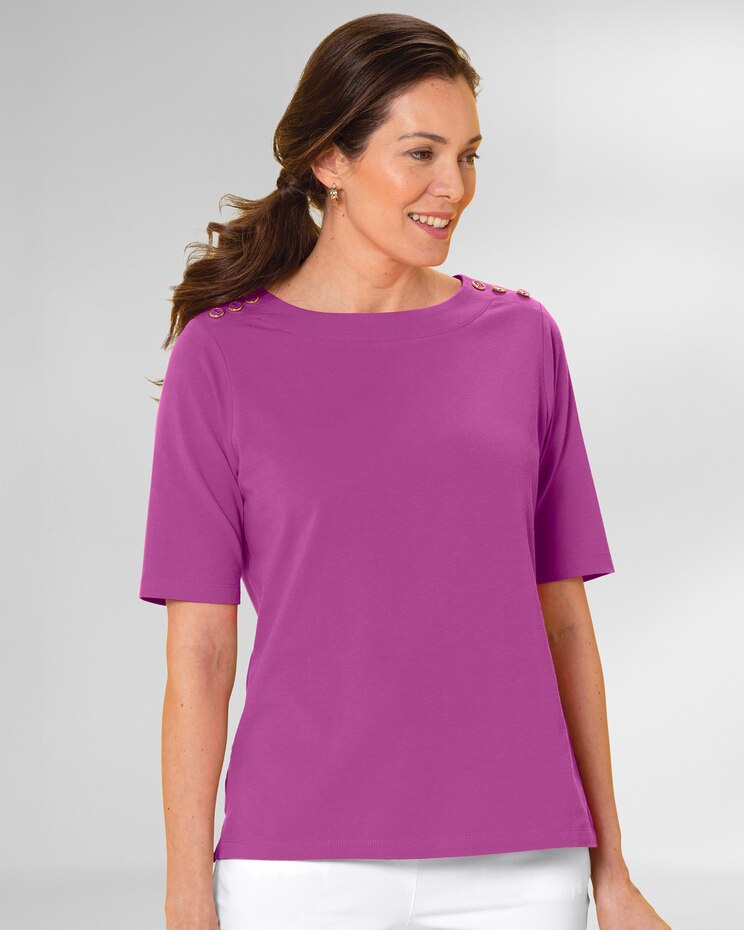 Prima™ Cotton Solid Button-Trim Bateau Tee image number 1