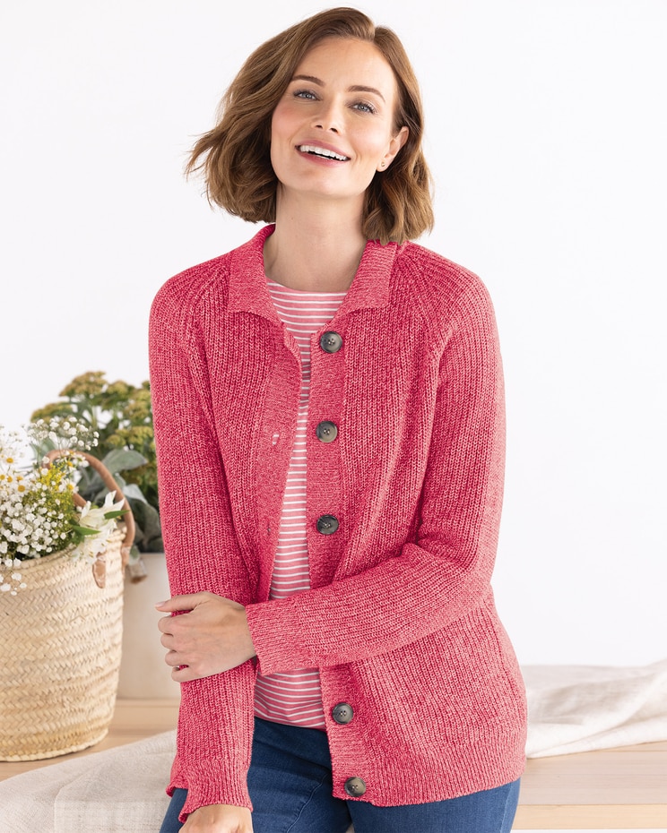 Shaker-Stitch Rib-Collar Cardigan image number 1