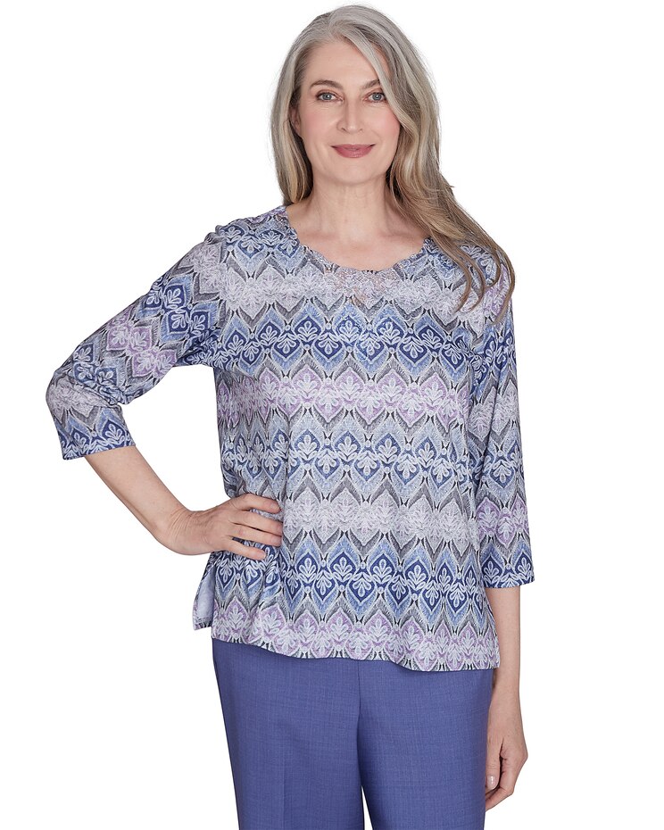 Alfred Dunner® Worth Avenue Crew Neck Lace Textured Top with Three Quarter Sleeves image number 1