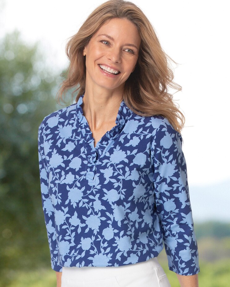 Silhouetted Floral-Print Ruffle-Neck Tee image number 1