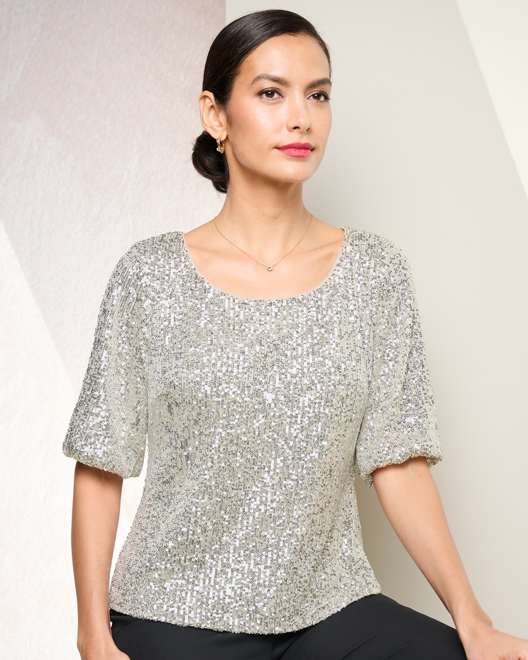 Sequin Elbow Sleeve Top by Alex Evenings image number 1