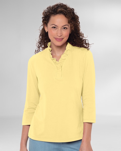 Prima™ Cotton Three-Quarter Sleeve Solid Ruffle-Neck Tee