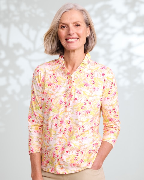 Prima™ Cotton Watercolor Floral Ruffle-Neck Tee