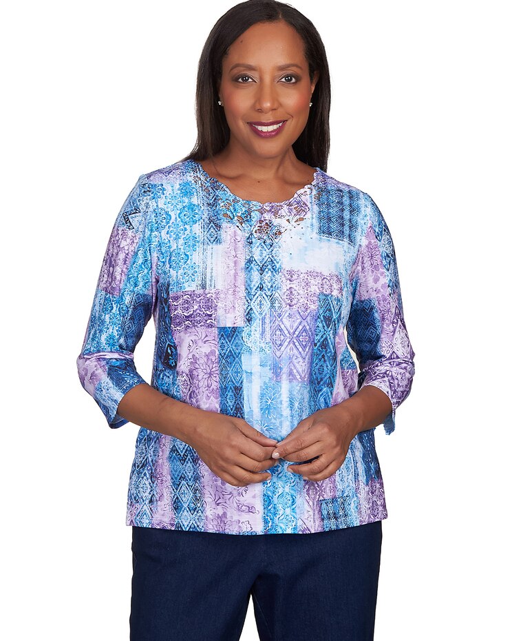 Alfred Dunner® Lavender Fields Patchwork Lace Neck Top image number 1