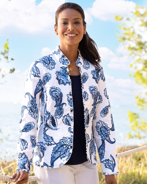 Porcelain Paisley Ruffle-Trim Jacket