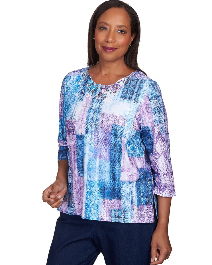 Alfred Dunner® Lavender Fields Patchwork Lace Neck Top image number 3