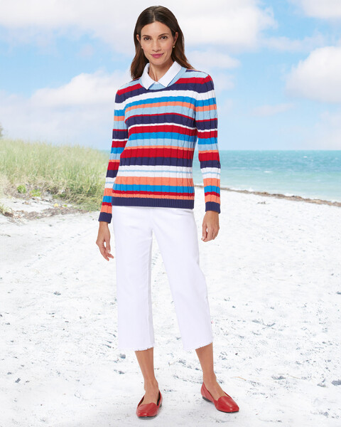 Bayside Cotton Cable Multi-Stripe Sweater & DreamFlex Fringe Hem Capri Jeans
