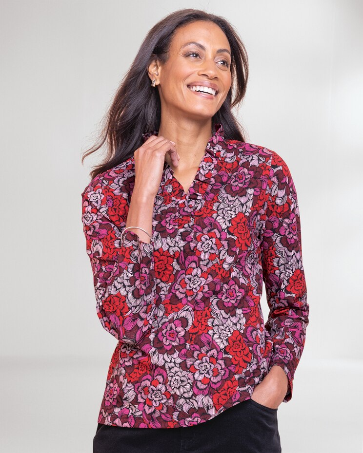 Prima™ Cotton Sketched-Floral Ruffle-Neck Tee image number 1