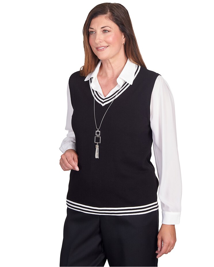 Alfred Dunner® Downtown Vibe Stripe Trim Vest with Attached Collared Top image number 3