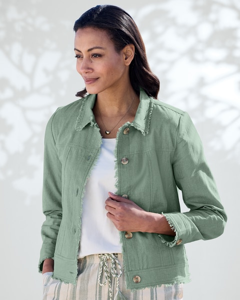 Cotton/Linen Fringe-Trim Jean Jacket
