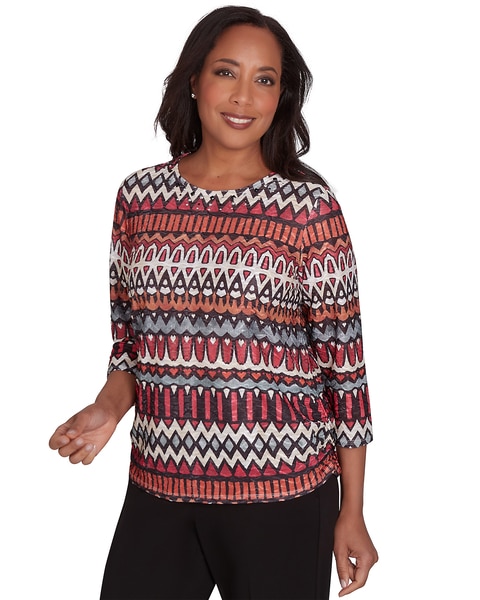 Alfred Dunner® Runway Ready Geometric Crew Neck Top with Side Ruching