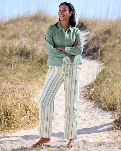 Cotton/Linen Fringe-Trim Jean Jacket