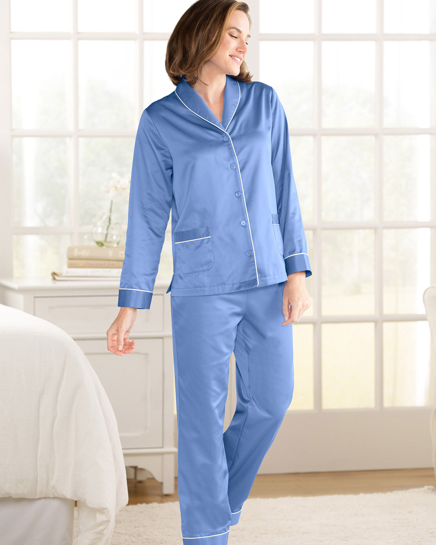 Solid Brushed Back Satin Shawl Collar Pajamas