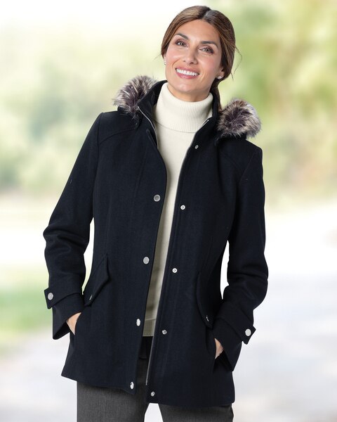 London Fog® Hooded Faux-Fur Trim Stadium Coat