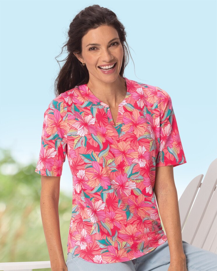 Hibiscus-Print Notch-Neck Tee image number 1