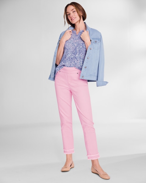 Prima Cotton Paisley Notched-V Tee & SlimSation Double-Fringe Denim Ankle Jeans