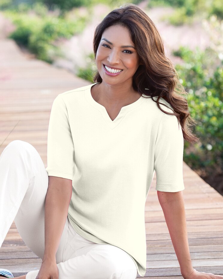 Coastal Cotton Notched Neckline Elbow-Sleeve Tee image number 1
