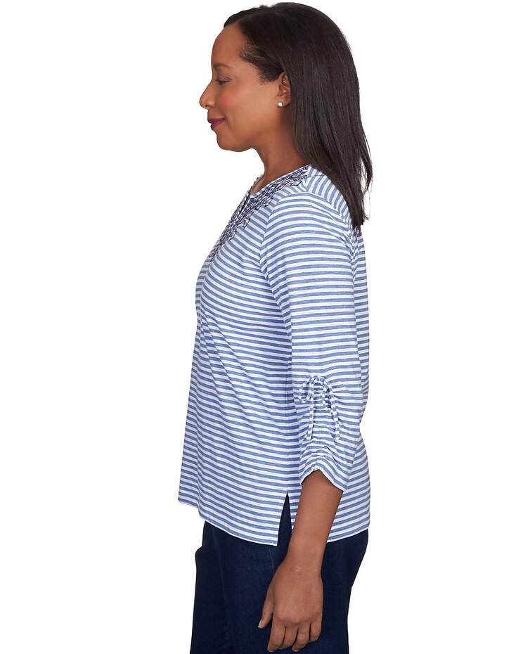 Alfred Dunner® Lavender Fields Stripe Geo Embroidered Split Neck Top image number 4