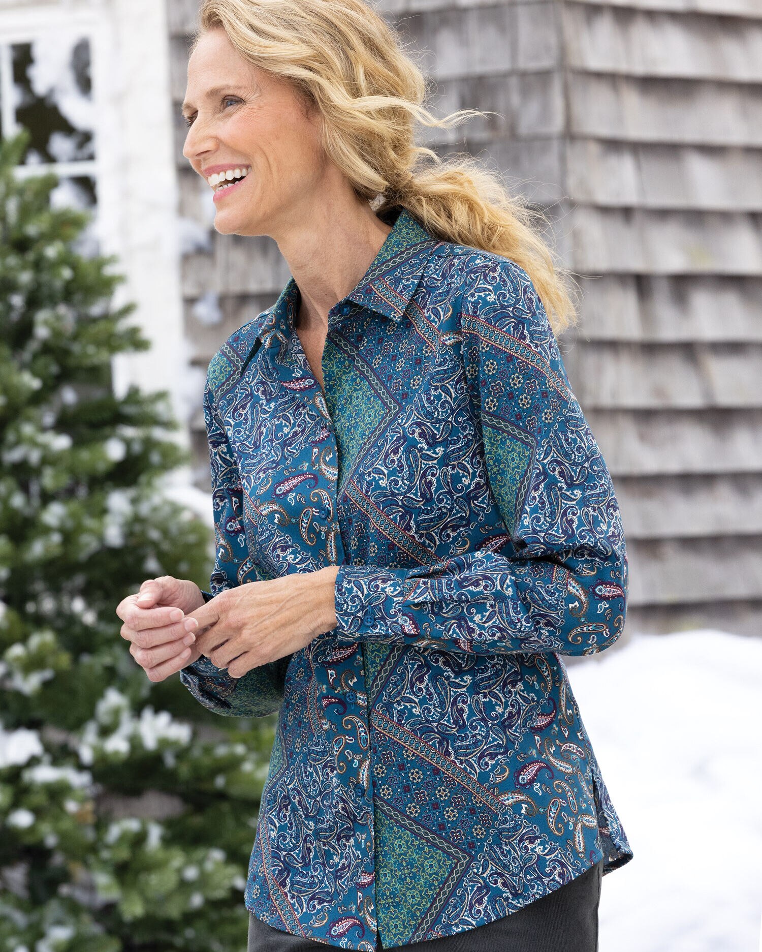 Foxcroft Medallion Paisley No Iron Cotton Perfect Fit Shirt