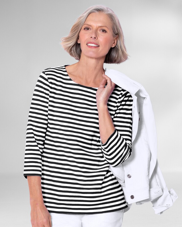 Essential Cotton Striped Three-Quarter-Sleeve Tee image number 1