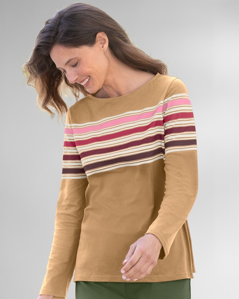 Striped-Yoke Bateau-Neck Tee