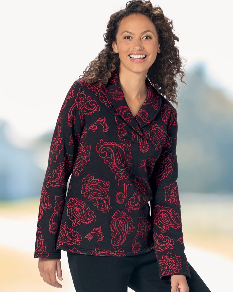 Paisley Jacquard Knit Shawl-Collar Top image number 1