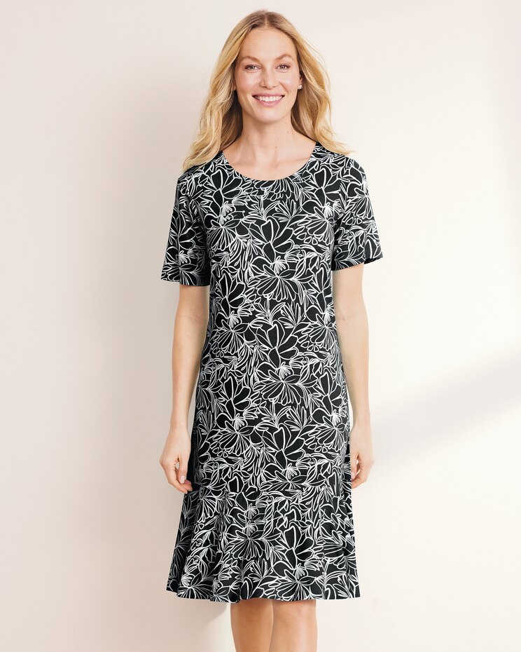Stenciled Floral Flounce-Hem Knit Dress image number 1