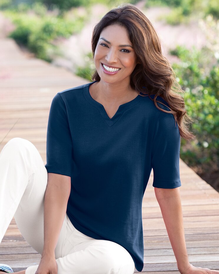 Coastal Cotton Notched Neckline Elbow-Sleeve Tee image number 1