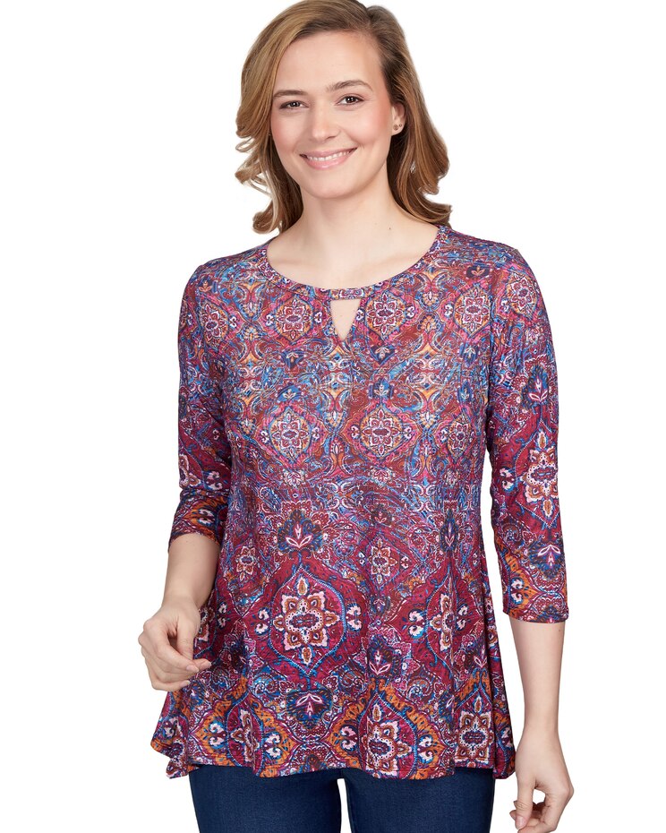Ruby Rd® Keyhole Medallion Paisley Border Jersey Top image number 1