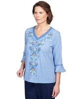 Alfred Dunner® Moody Blues Scroll Center Embroidery V-Neck Top thumbnail number 3