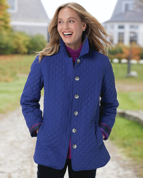Plaid-Trimmed Quilted Coat