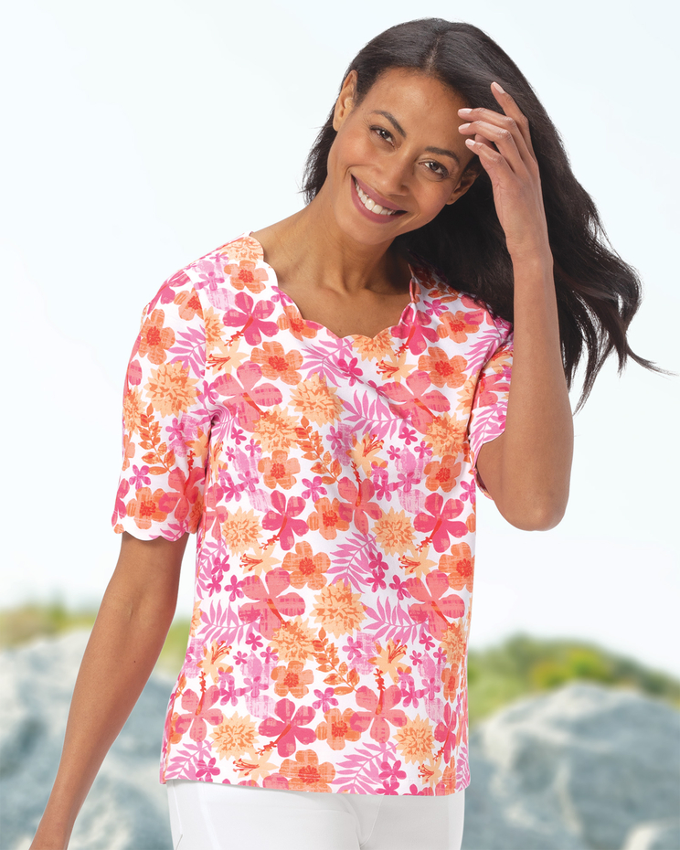 Tropical Floral Scallop-Trim Tee image number 1