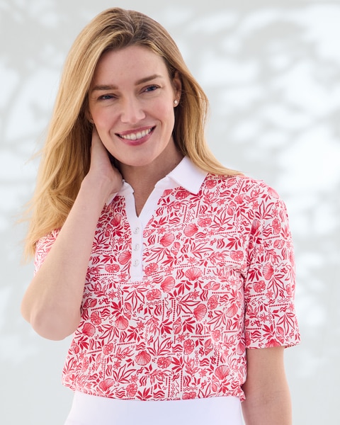 Essential Cotton Shell-Print Elbow-Sleeve Polo